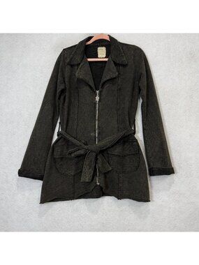 TREE Jacket Womens Small Gray 100% Cotton Knit Belted Full Zip Pockets USA